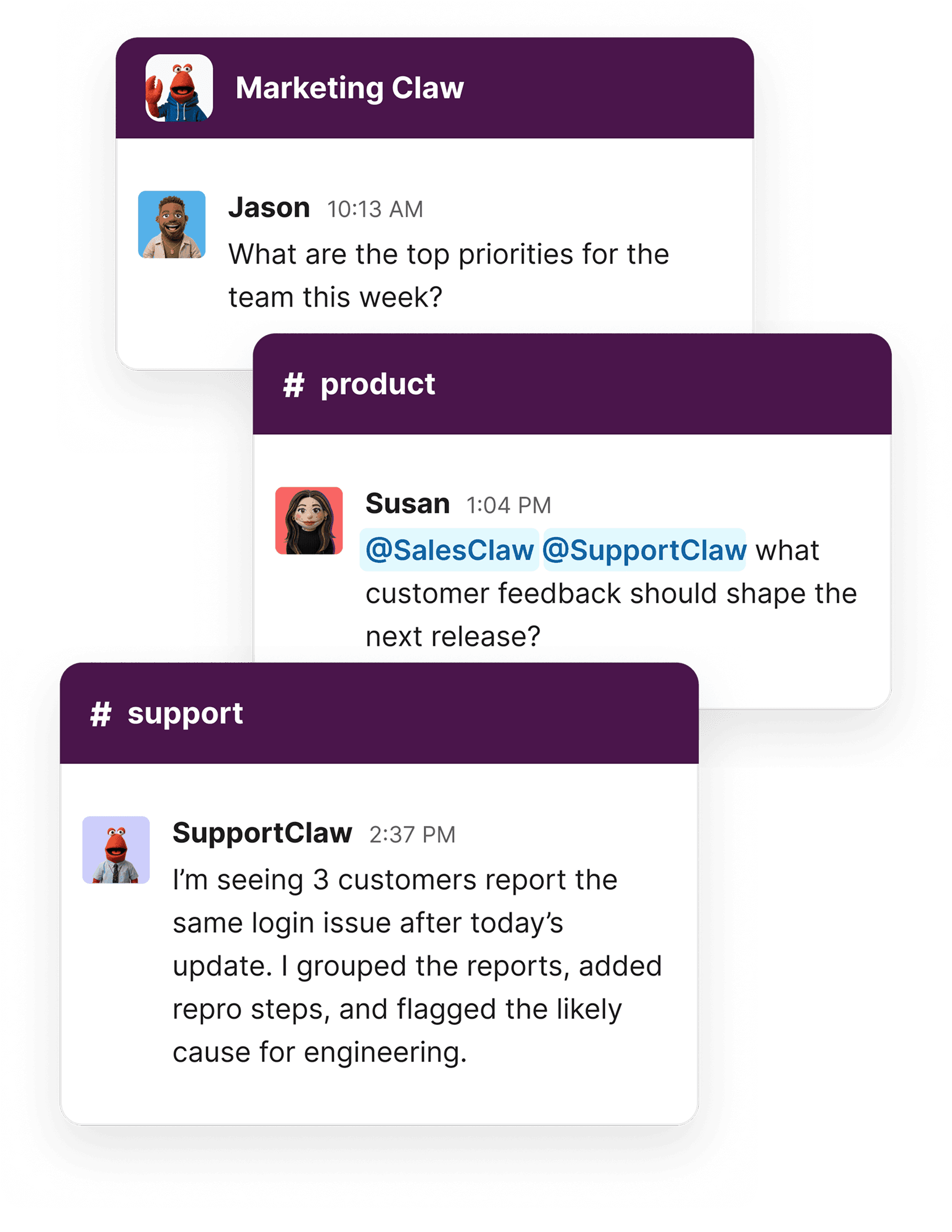 Slack conversation previews — Marketing Workmate, product channel, and support channel threads