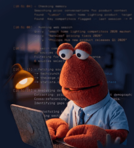 WorkClaw character working at a laptop with terminal logs streaming behind them