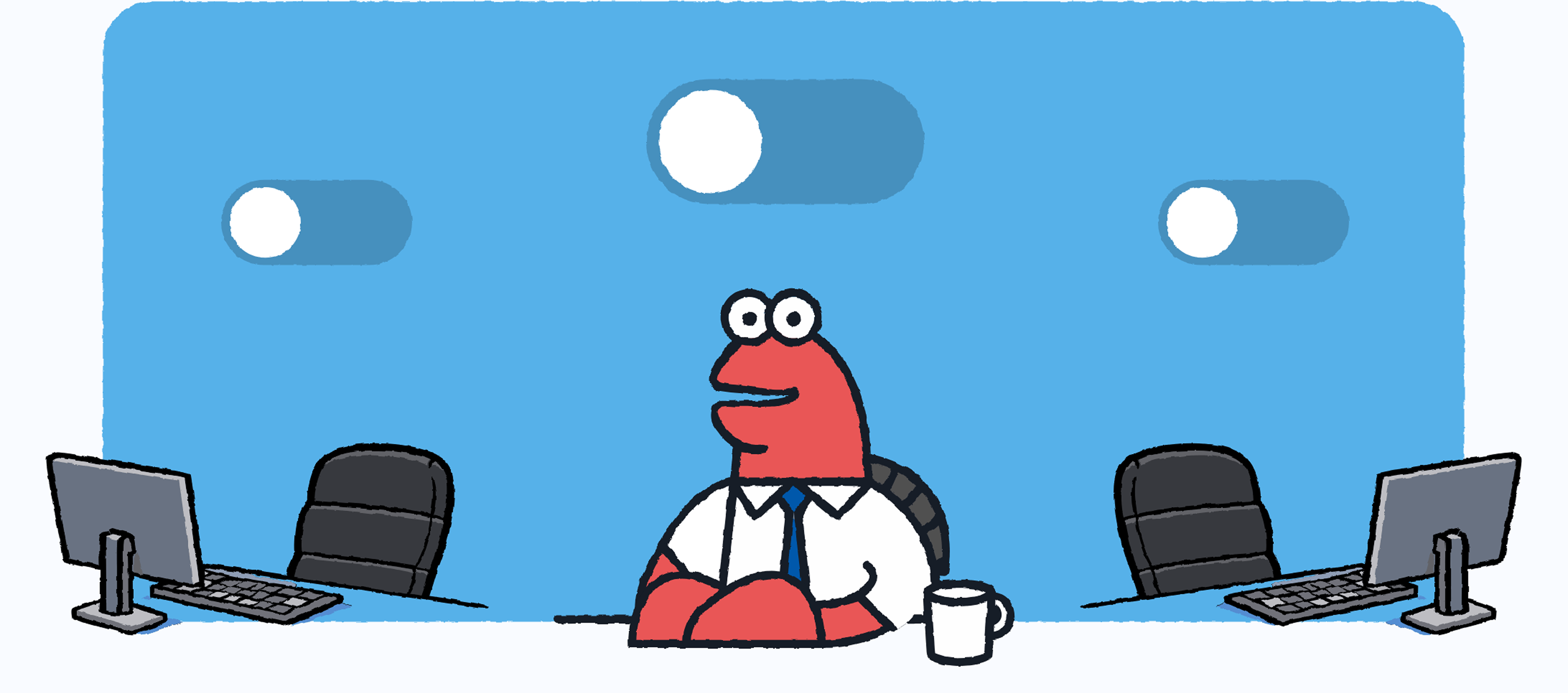 WorkClaw characters at desks with cloud setup toggles